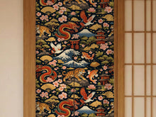 Dark patterned Japanese noren curtain with tiger, crane, and dragon motifs in a rich design, shown as a doorway curtain with a split opening.