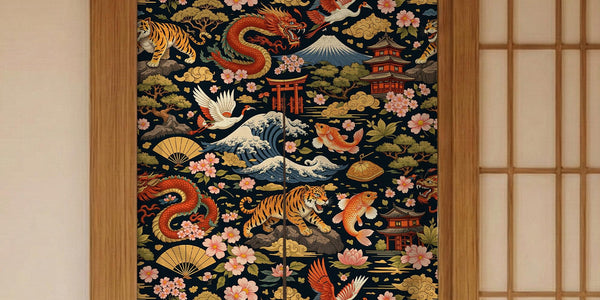 Dark patterned Japanese noren curtain with tiger, crane, and dragon motifs in a rich design, shown as a doorway curtain with a split opening.