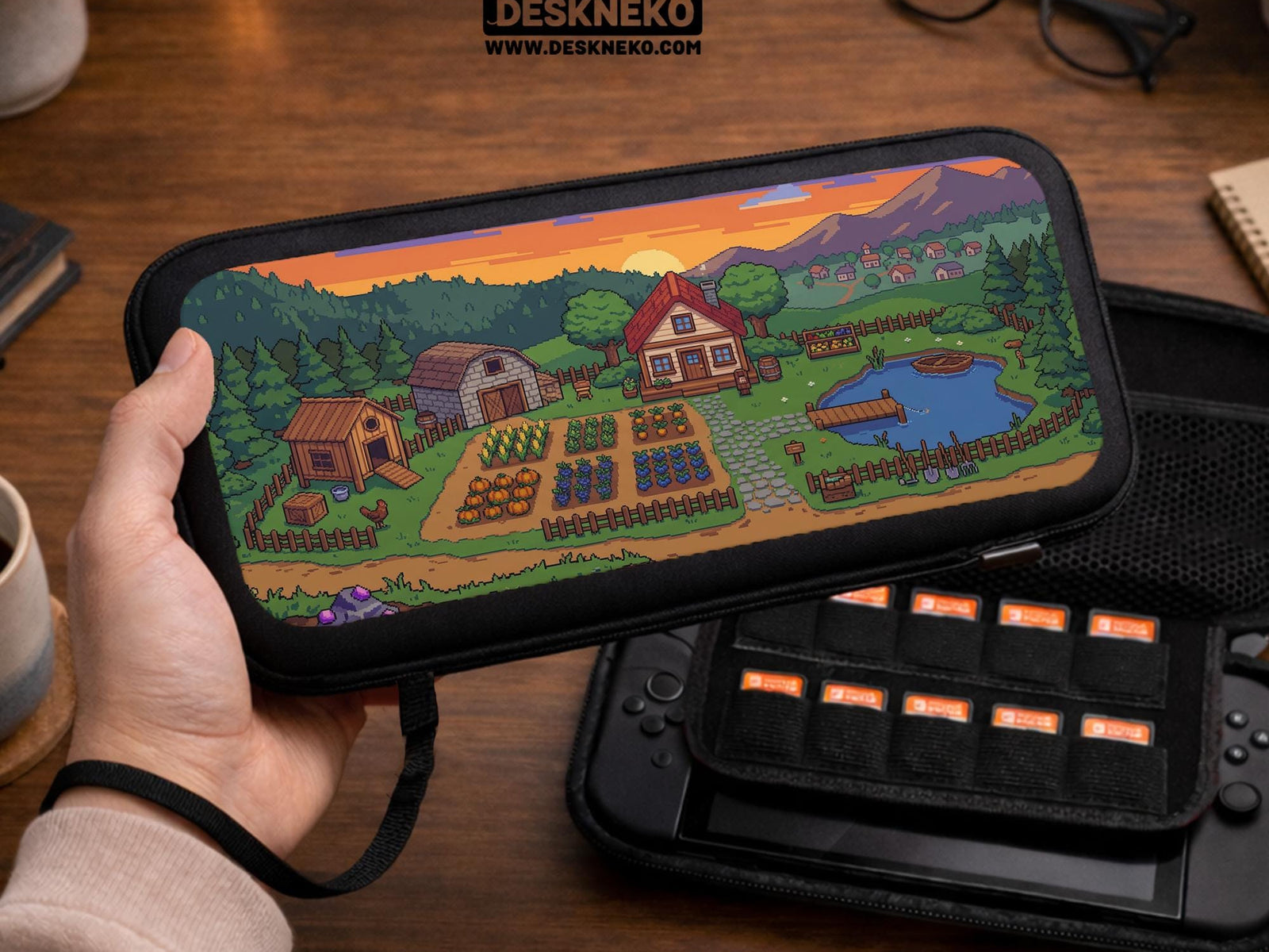 A Switch case with a pixel art farm scene showing a cottage house, vegetable garden, pond, pine trees, and a mountain sunset.