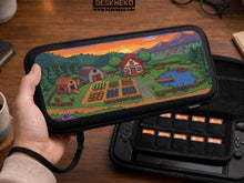 A Switch case with a pixel art farm scene showing a cottage house, vegetable garden, pond, pine trees, and a mountain sunset.