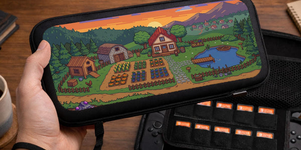 A Switch case with a pixel art farm scene showing a cottage house, vegetable garden, pond, pine trees, and a mountain sunset.