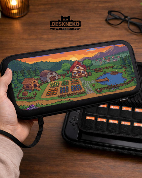 A Switch case with a pixel art farm scene showing a cottage house, vegetable garden, pond, pine trees, and a mountain sunset.