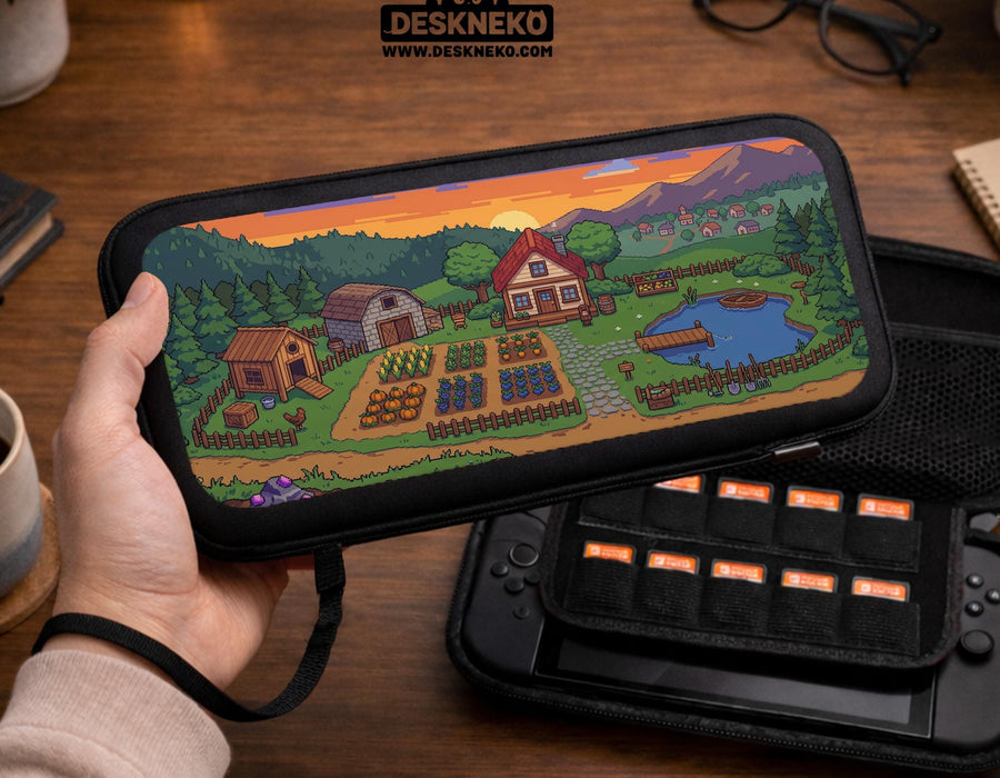 A Switch case with a pixel art farm scene showing a cottage house, vegetable garden, pond, pine trees, and a mountain sunset.
