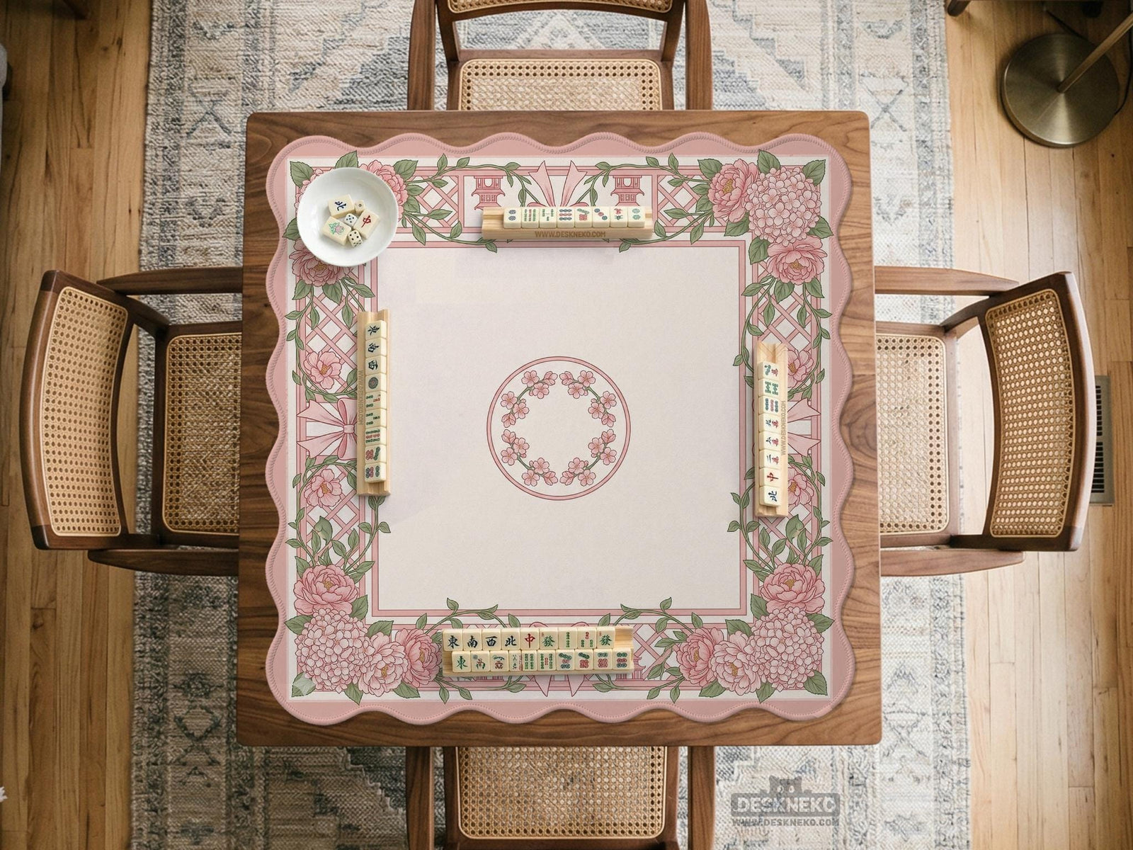 Pink mahjong mat with a floral bow design, peonies, hydrangeas, and a soft lattice border.