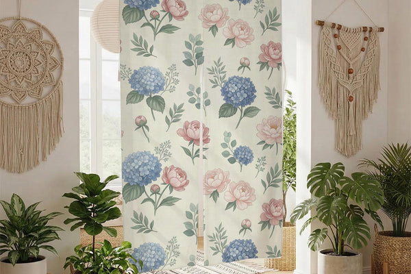 Floral noren curtain with pink peonies and blue hydrangeas on a cream background, shown as a split doorway curtain.