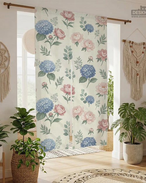 Floral noren curtain with pink peonies and blue hydrangeas on a cream background, shown as a split doorway curtain.