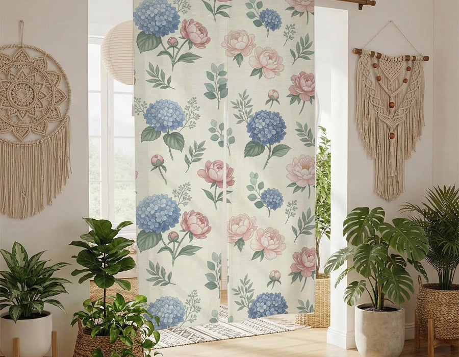 Floral noren curtain with pink peonies and blue hydrangeas on a cream background, shown as a split doorway curtain.