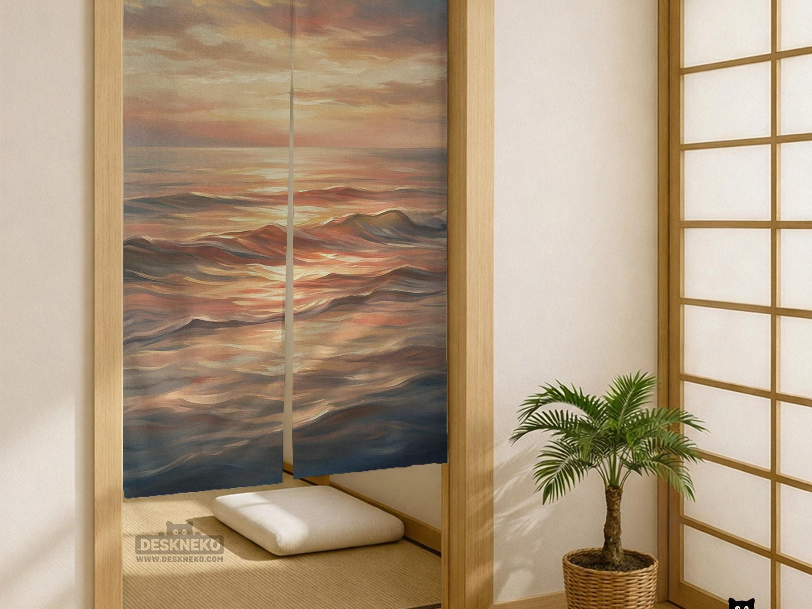 A Japanese-style split door curtain with an abstract ocean sunset design in peach, blush, cream, and muted blue.