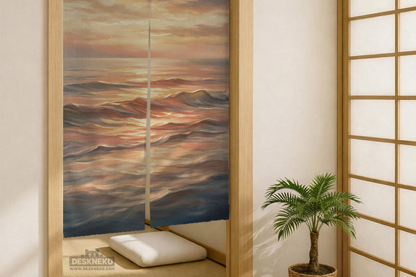 A Japanese-style split door curtain with an abstract ocean sunset design in peach, blush, cream, and muted blue.