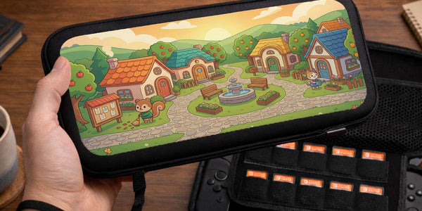 A Switch carrying case with a cottagecore village design showing small houses, winding paths, fruit trees, and animal figures in warm colors.