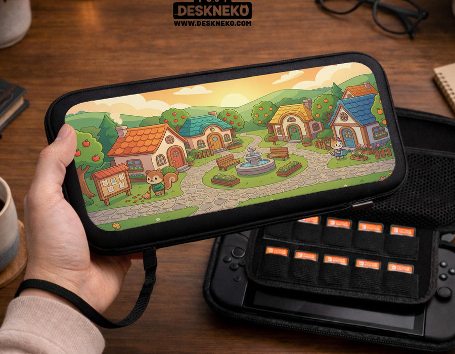 A Switch carrying case with a cottagecore village design showing small houses, winding paths, fruit trees, and animal figures in warm colors.