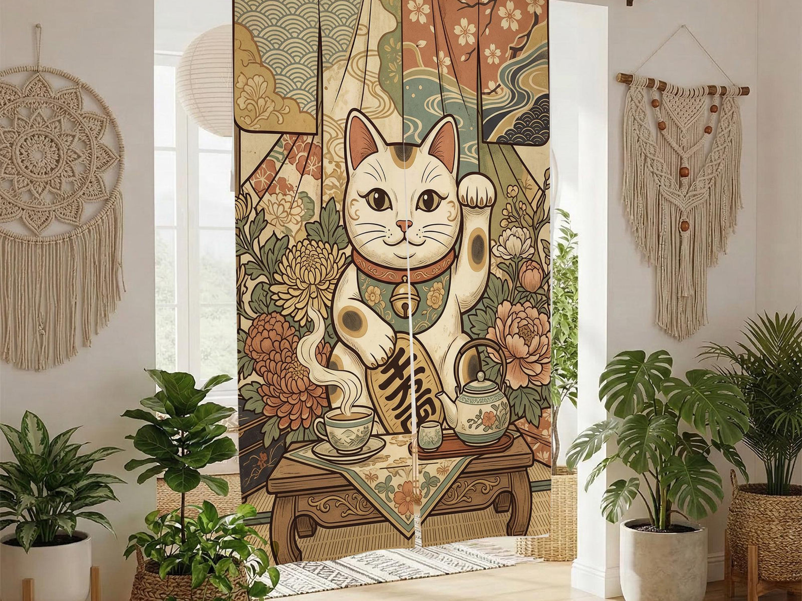 Door curtain with a lucky cat, blooming flowers, layered decorative patterns, and a vintage Japanese style.