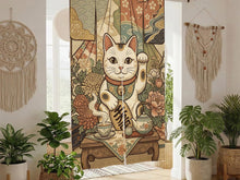 Door curtain with a lucky cat, blooming flowers, layered decorative patterns, and a vintage Japanese style.