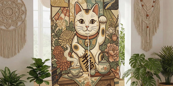 Door curtain with a lucky cat, blooming flowers, layered decorative patterns, and a vintage Japanese style.