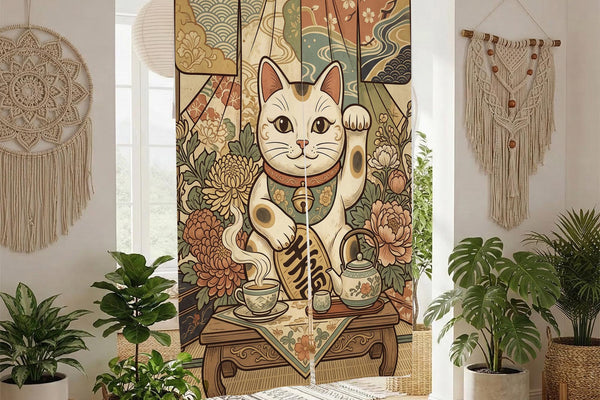 Door curtain with a lucky cat, blooming flowers, layered decorative patterns, and a vintage Japanese style.