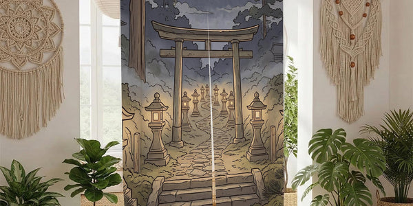 Door curtain showing a crescent moon above a torii gate and a path lined with trees in a dark night scene.