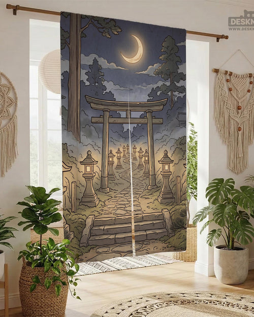 Door curtain showing a crescent moon above a torii gate and a path lined with trees in a dark night scene.