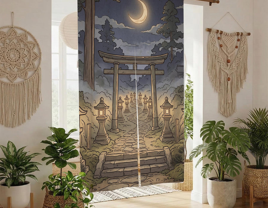Door curtain showing a crescent moon above a torii gate and a path lined with trees in a dark night scene.