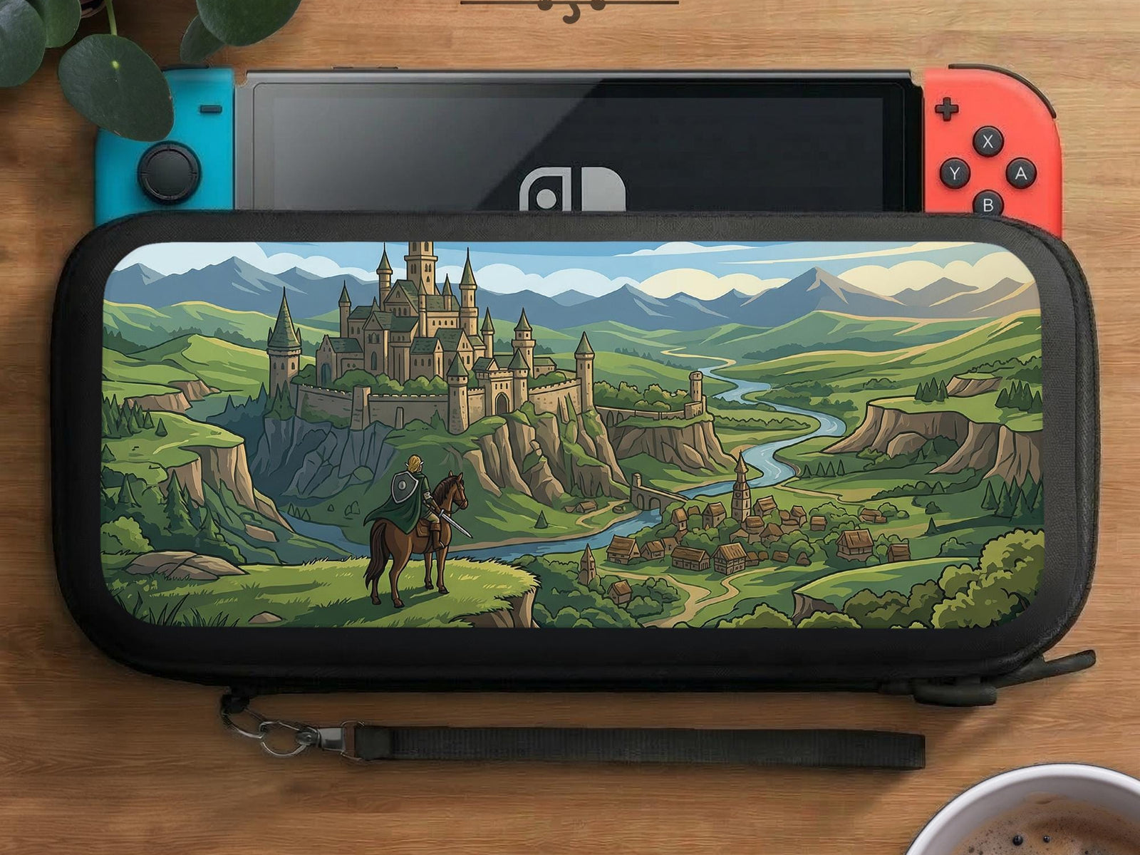 A Switch case design showing a medieval castle on a hill, a winding river, and green mountains under a soft sky.