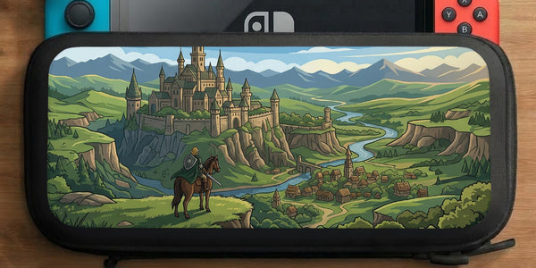 A Switch case design showing a medieval castle on a hill, a winding river, and green mountains under a soft sky.
