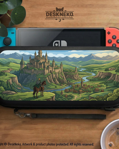A Switch case design showing a medieval castle on a hill, a winding river, and green mountains under a soft sky.