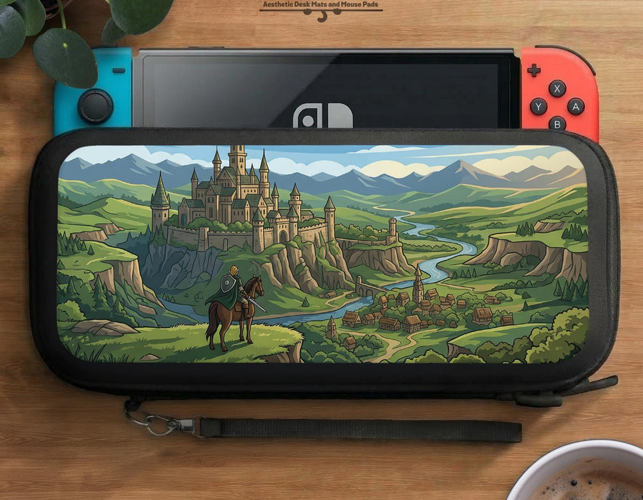 A Switch case design showing a medieval castle on a hill, a winding river, and green mountains under a soft sky.