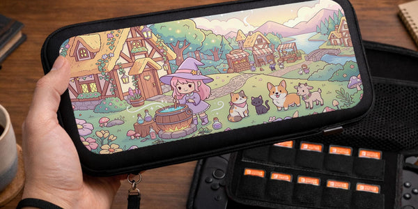 A pastel pink Switch case with a witch, small cottages, and animal characters in a fantasy village scene.
