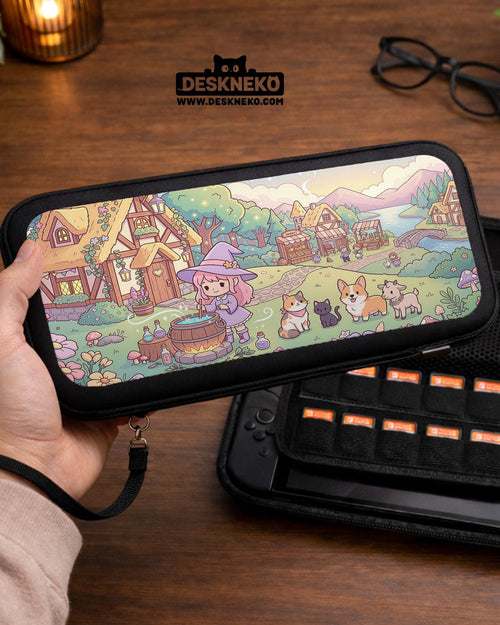 A pastel pink Switch case with a witch, small cottages, and animal characters in a fantasy village scene.