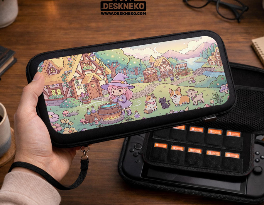 A pastel pink Switch case with a witch, small cottages, and animal characters in a fantasy village scene.