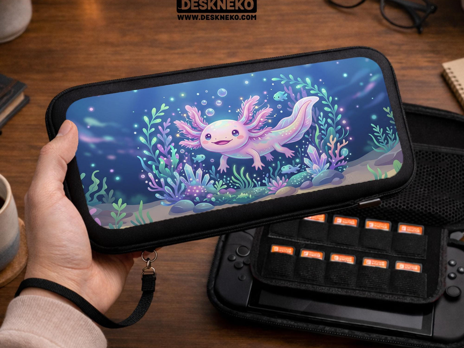 A Switch carrying case with a smiling pastel axolotl floating in an underwater scene with coral, bubbles, and blue ocean tones.