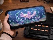 A Switch carrying case with a smiling pastel axolotl floating in an underwater scene with coral, bubbles, and blue ocean tones.