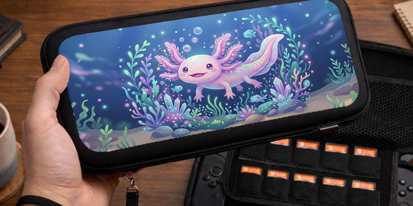 A Switch carrying case with a smiling pastel axolotl floating in an underwater scene with coral, bubbles, and blue ocean tones.