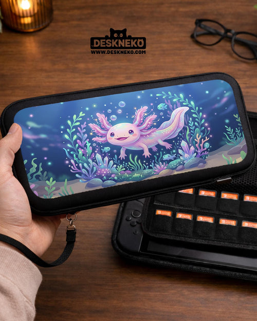 A Switch carrying case with a smiling pastel axolotl floating in an underwater scene with coral, bubbles, and blue ocean tones.