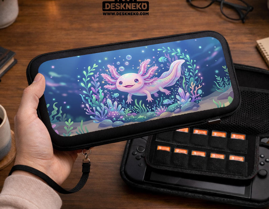 A Switch carrying case with a smiling pastel axolotl floating in an underwater scene with coral, bubbles, and blue ocean tones.