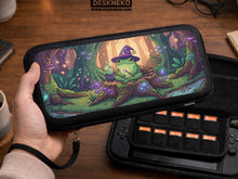 Switch case with a frog wizard sitting in a forest with glowing mushrooms, books, and soft light.