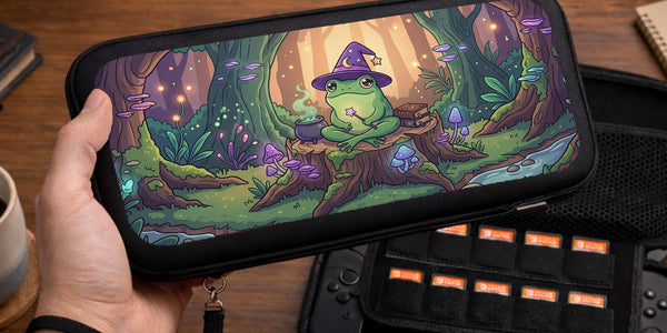 Switch case with a frog wizard sitting in a forest with glowing mushrooms, books, and soft light.