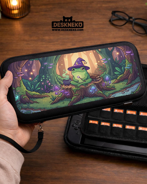 Switch case with a frog wizard sitting in a forest with glowing mushrooms, books, and soft light.