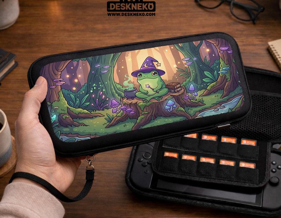 Switch case with a frog wizard sitting in a forest with glowing mushrooms, books, and soft light.