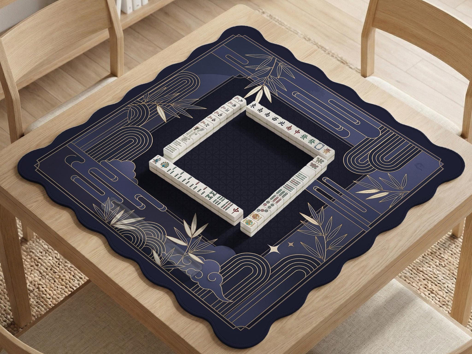 Navy blue mahjong mat with bamboo line art border, art deco framing, and a dark open center.