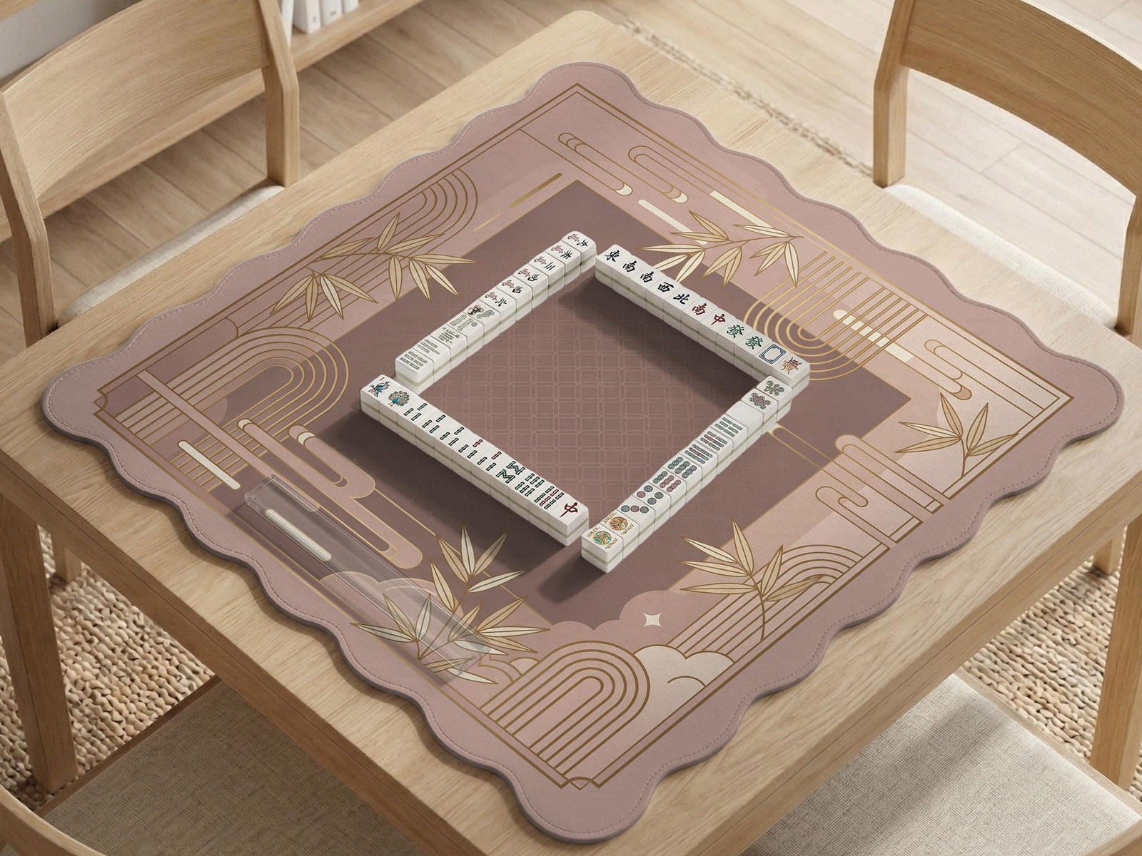 Square mahjong mat with a blush pink and rose gold design, bamboo accents, and art deco linework border.