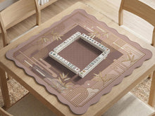 Square mahjong mat with a blush pink and rose gold design, bamboo accents, and art deco linework border.