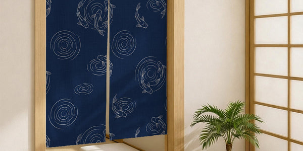 Navy blue noren door curtain with a koi fish pattern and flowing ripple line art on a light background.