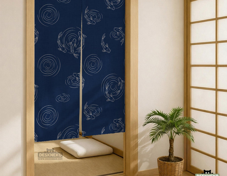 Navy blue noren door curtain with a koi fish pattern and flowing ripple line art on a light background.