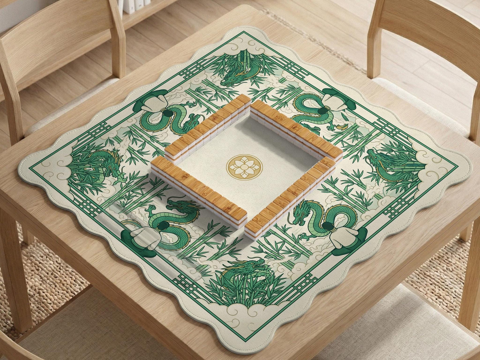 A square mahjong table mat with a green dragon and bamboo border on a cream background.