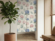 Floral split-panel door curtain with pink peony and blue hydrangea print on a pastel background.