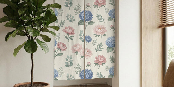 Floral split-panel door curtain with pink peony and blue hydrangea print on a pastel background.