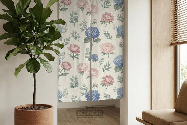 Floral split-panel door curtain with pink peony and blue hydrangea print on a pastel background.