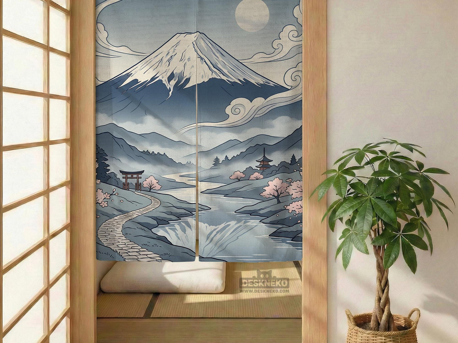 Blue noren curtain with a mountain landscape, moonlit sky, cherry blossoms, a flowing river, a torii gate, pagoda, misty hills, and plants.