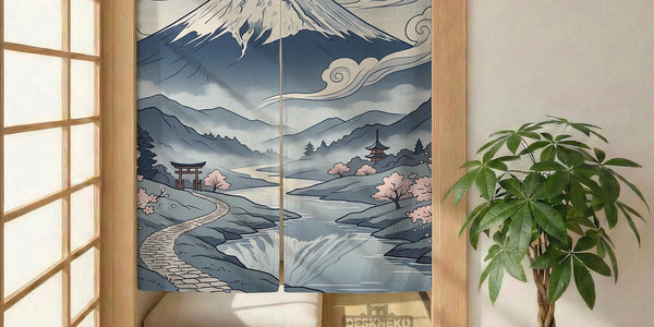 Blue noren curtain with a mountain landscape, moonlit sky, cherry blossoms, a flowing river, a torii gate, pagoda, misty hills, and plants.