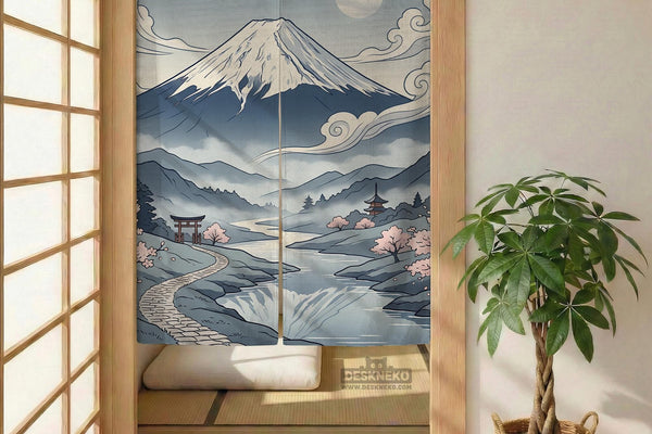 Blue noren curtain with a mountain landscape, moonlit sky, cherry blossoms, a flowing river, a torii gate, pagoda, misty hills, and plants.